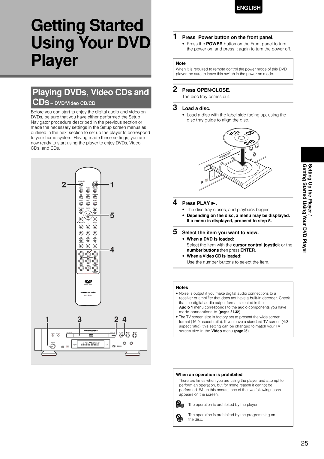 Marantz DV-12S1 manual Getting Started Using Your DVD Player, Playing DVDs, Video CDs, CDs DVD/Video CD/CD, Dvd 