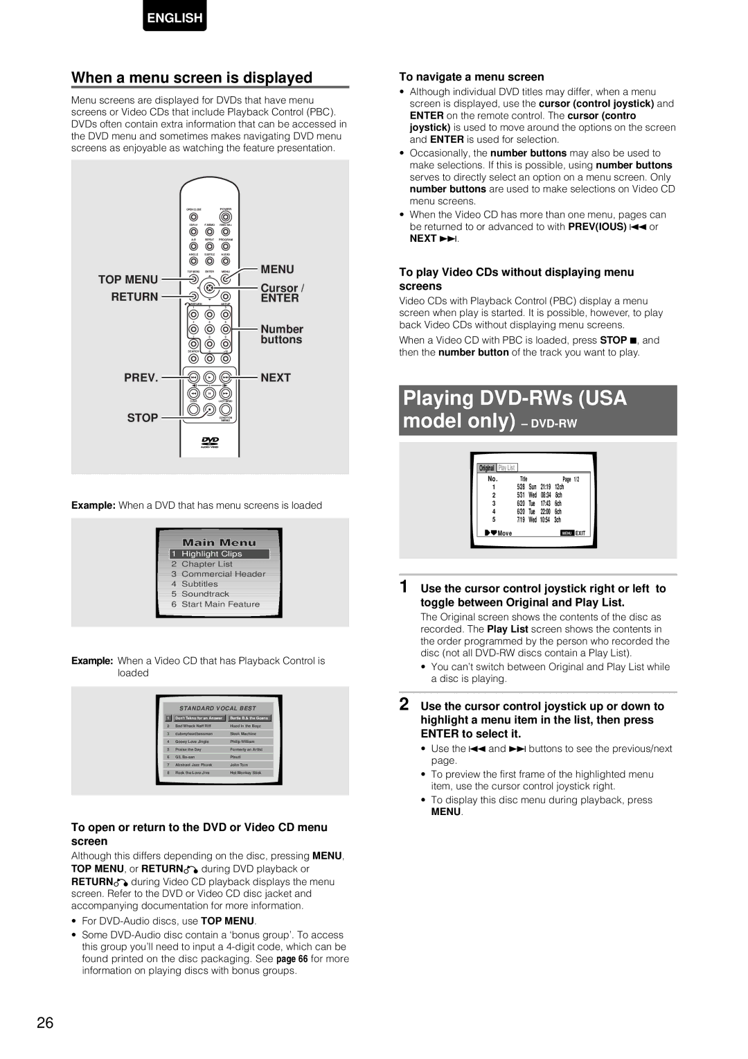 Marantz DV-12S1 manual Playing DVD-RWs USA Model only DVD-RW, When a menu screen is displayed, TOP Menu, Prev Next 