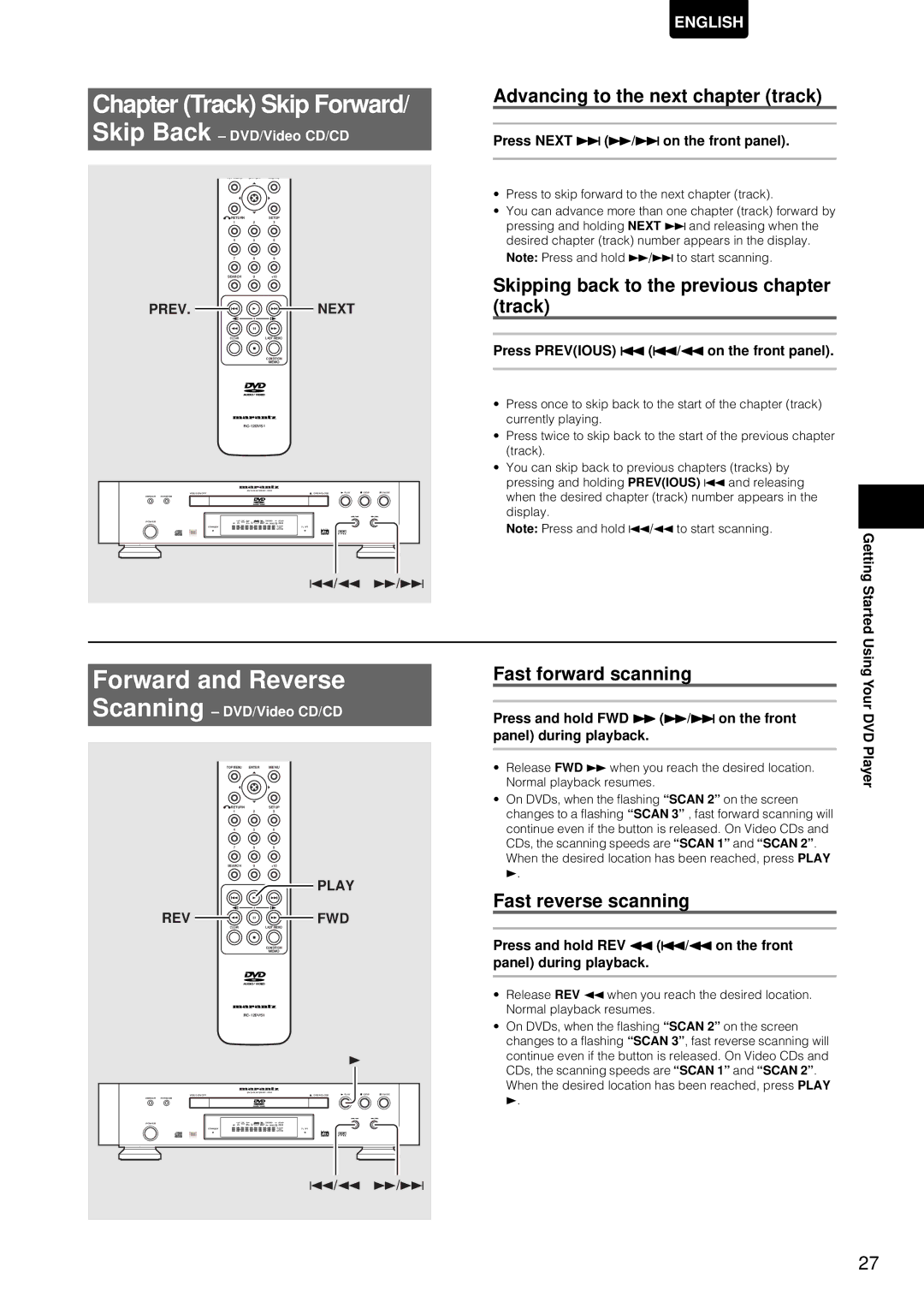 Marantz DV-12S1 manual Chapter Track Skip Forward, Forward and Reverse 