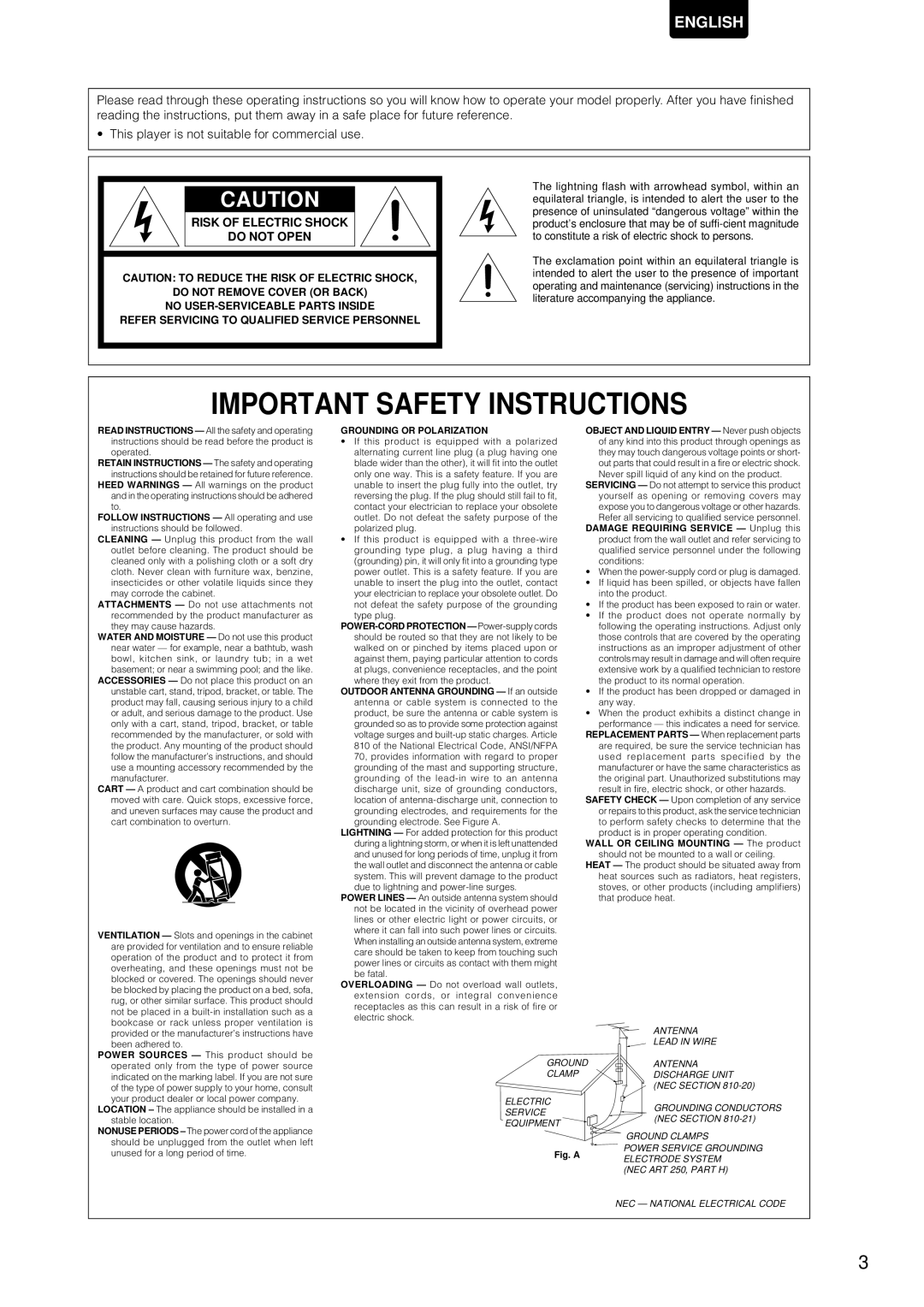 Marantz DV-12S1 manual Important Safety Instructions 