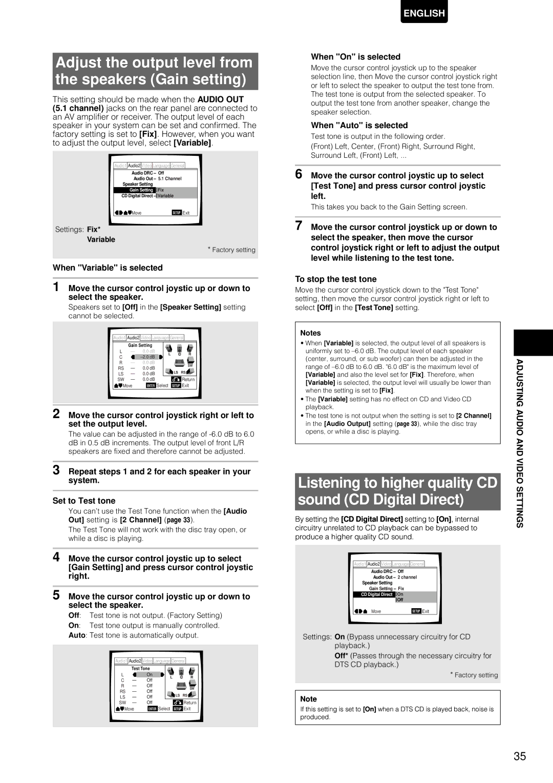 Marantz DV-12S1 manual Adjust the output level from Speakers Gain setting, Sound CD Digital Direct, When On is selected 