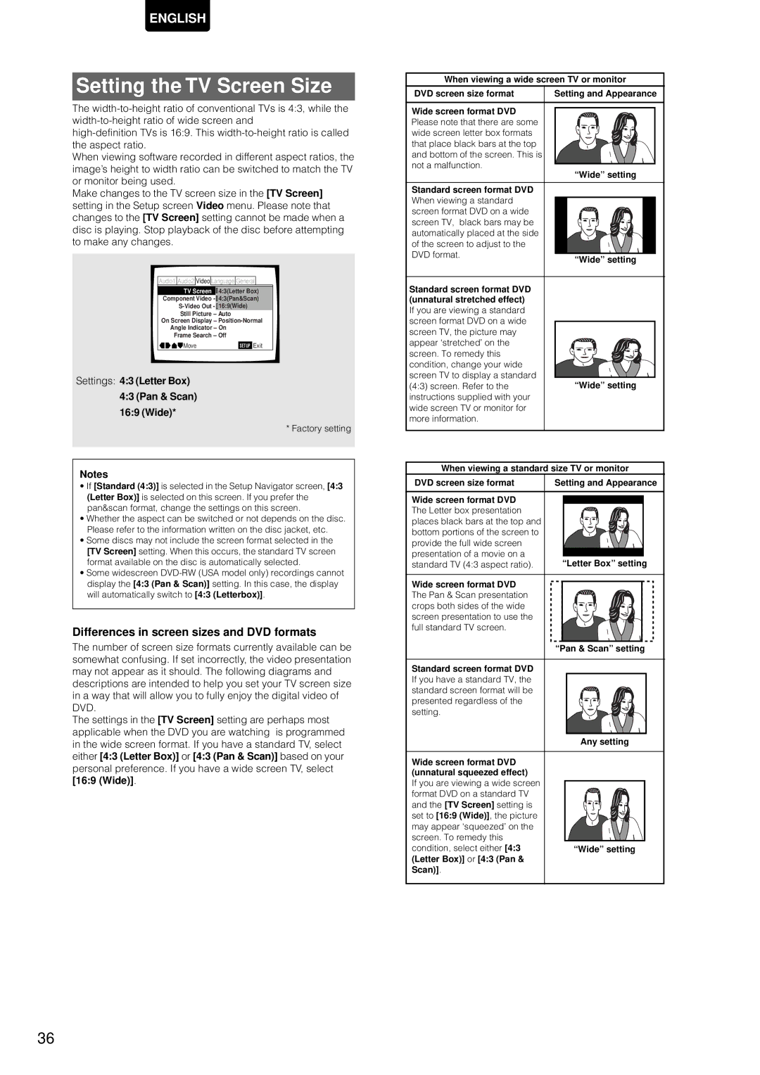 Marantz DV-12S1 manual Setting the TV Screen Size, Differences in screen sizes and DVD formats 