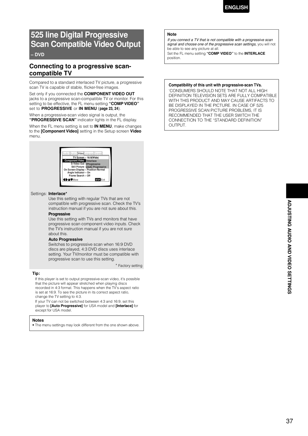 Marantz DV-12S1 Connecting to a progressive scan- compatible TV, Settings Interlace, Progressive Auto Progressive, Tip 