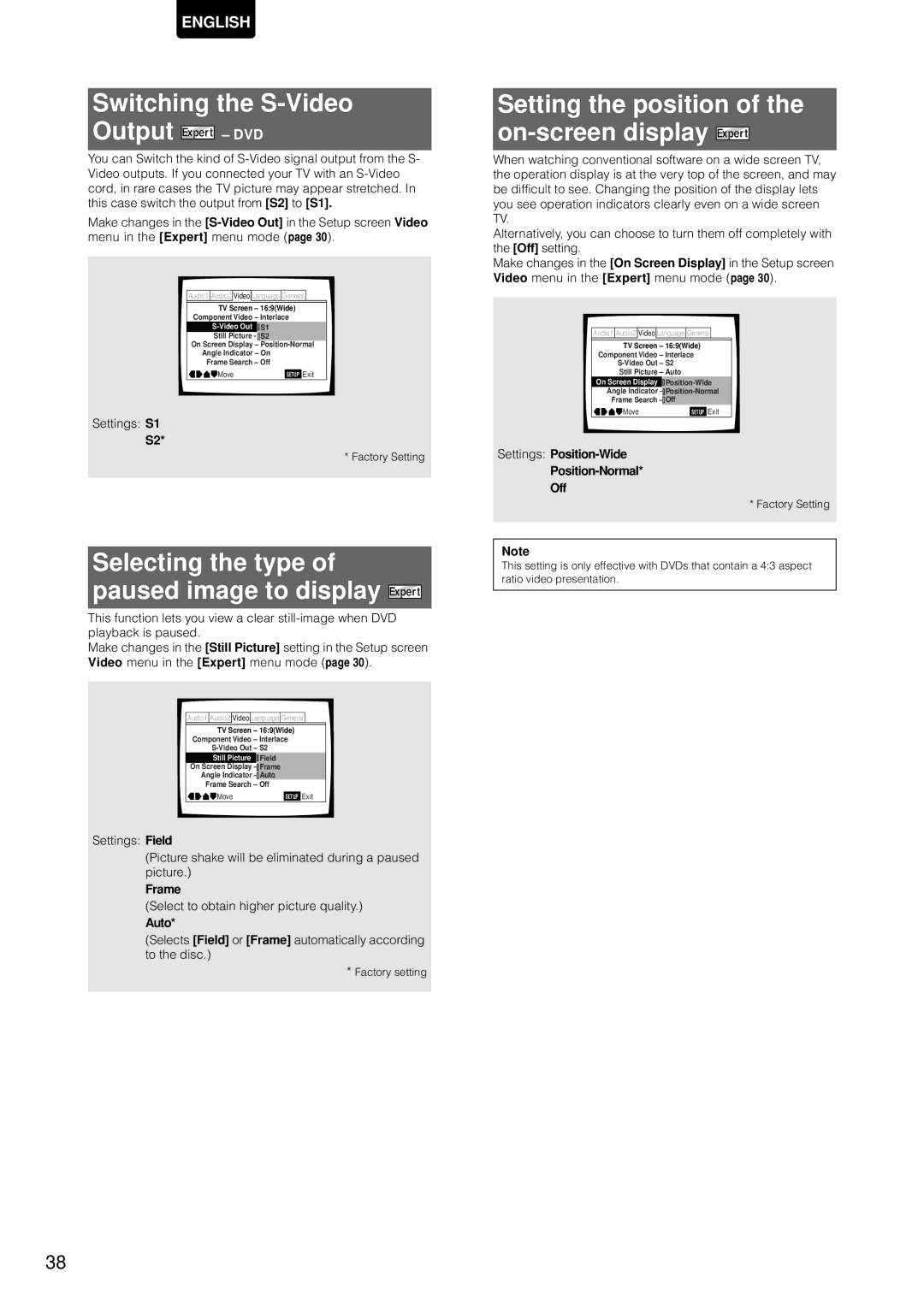 Marantz DV-12S1 manual Switching the S-Video Output DVD, Selecting the type Paused image to display 