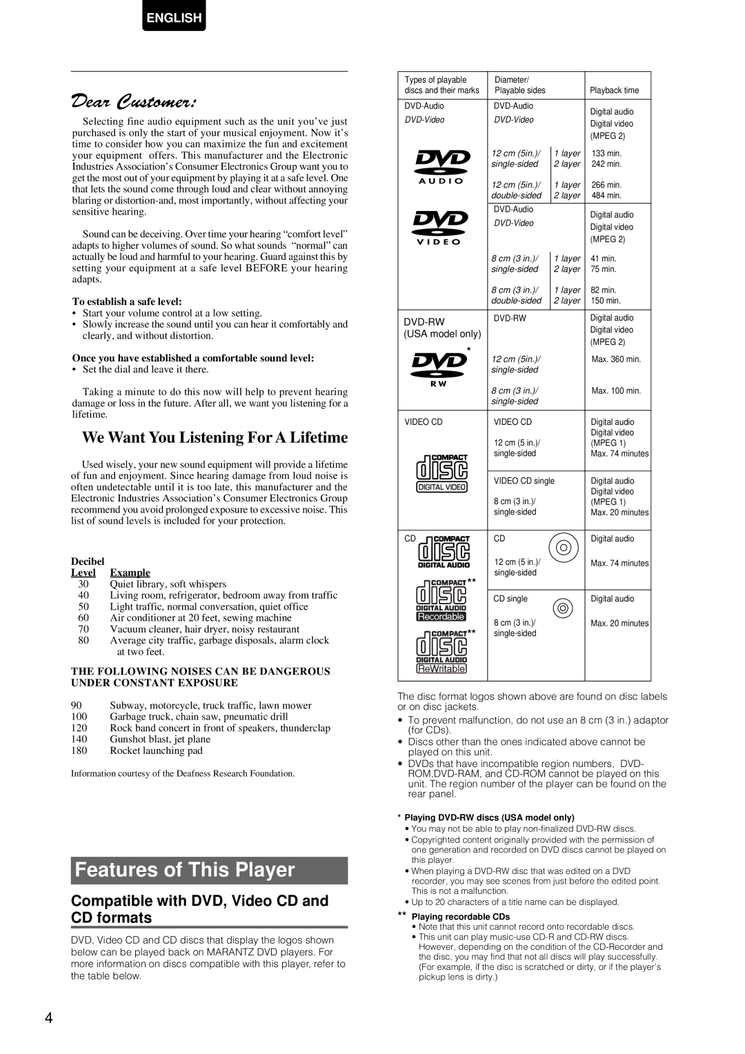 Marantz DV-12S1 manual Features of This Player, Compatible with DVD, Video CD and CD formats, USA model only 