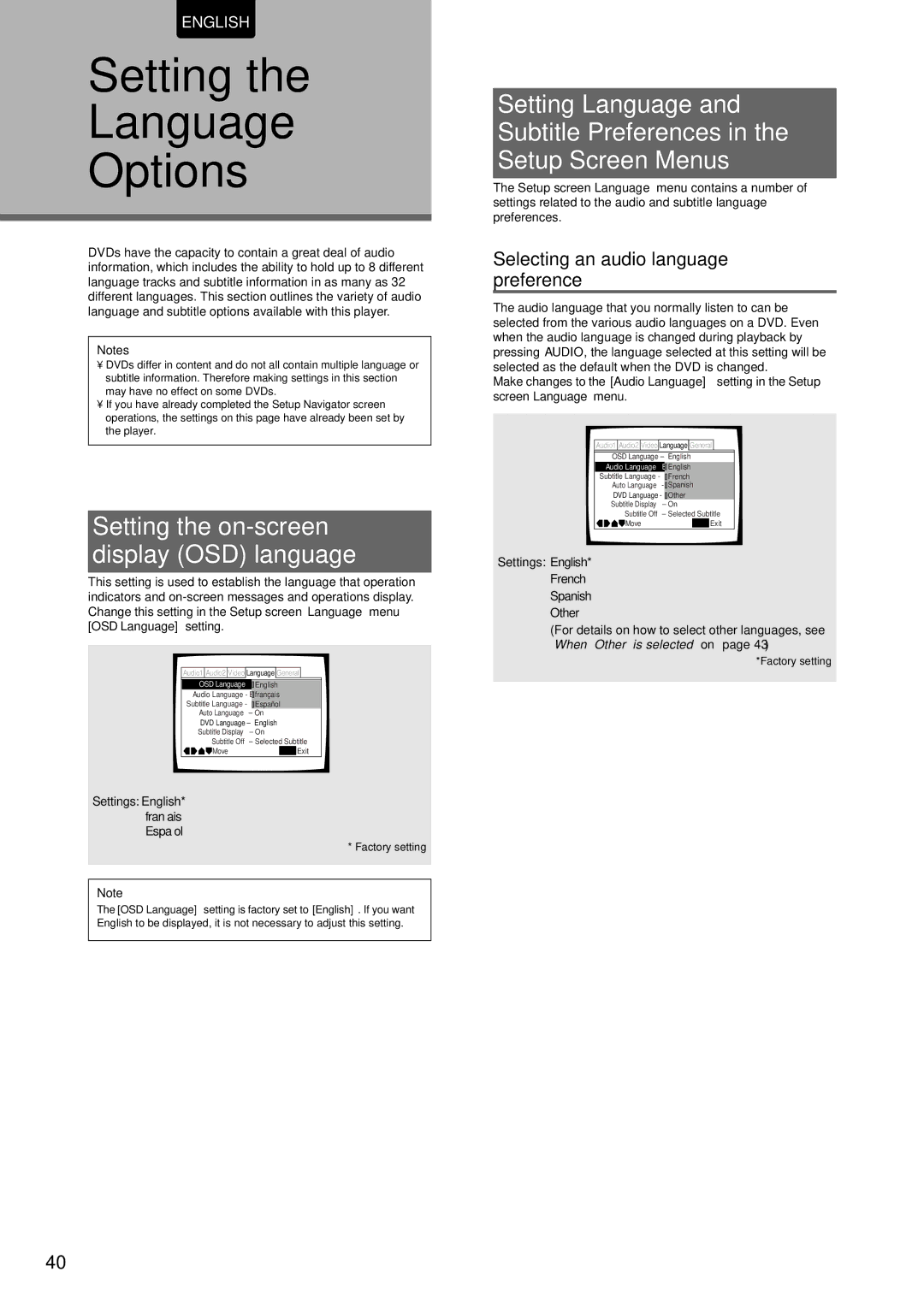 Marantz DV-12S1 manual Setting Language Options, Setting the on-screen Display OSD language, French Spanish Other 