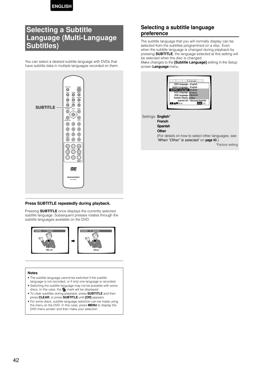 Marantz DV-12S1 manual Selecting a Subtitle Language Multi-Language Subtitles, Selecting a subtitle language preference 