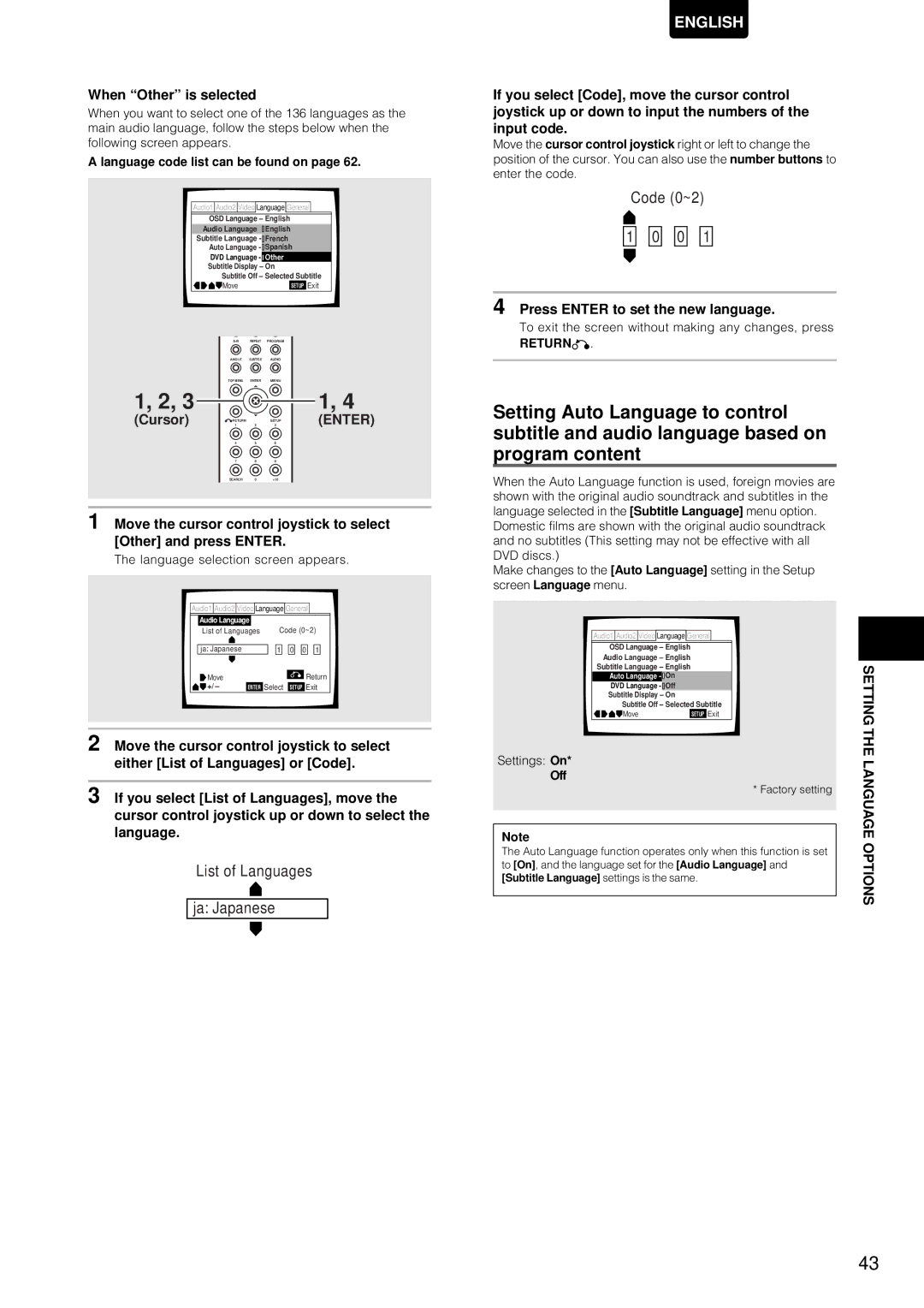 Marantz DV-12S1 manual When Other is selected, Press Enter to set the new language, Language code list can be found on 