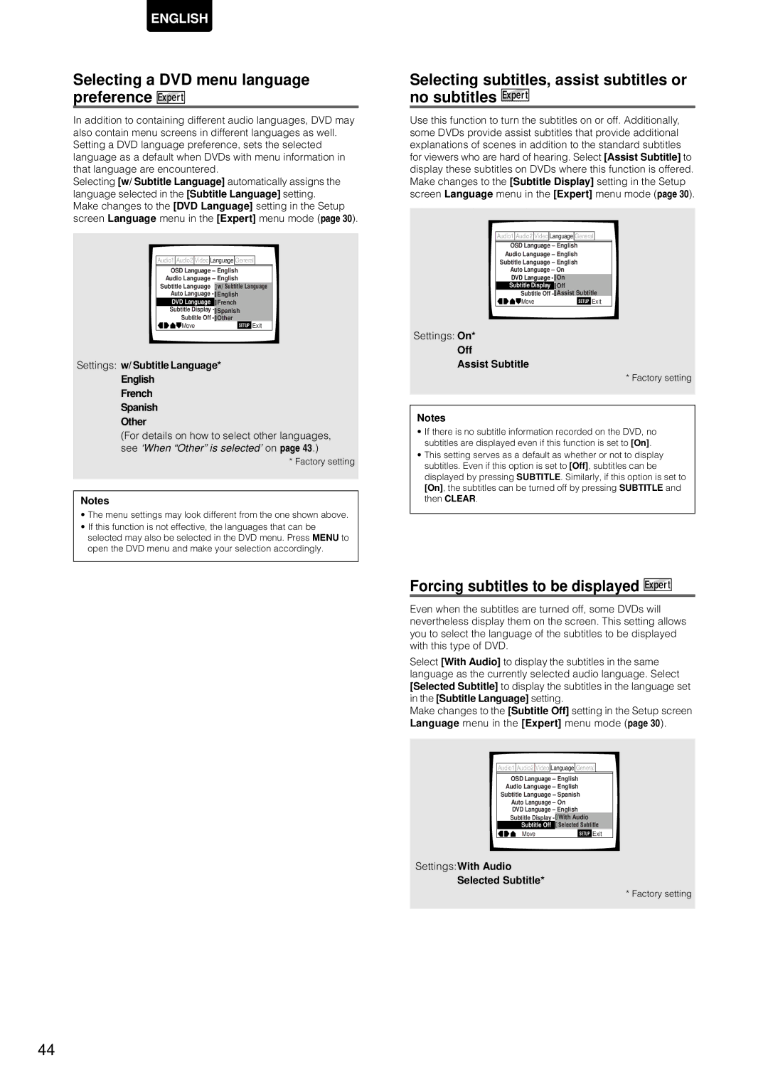 Marantz DV-12S1 manual Selecting a DVD menu language preference, Selecting subtitles, assist subtitles or no subtitles 