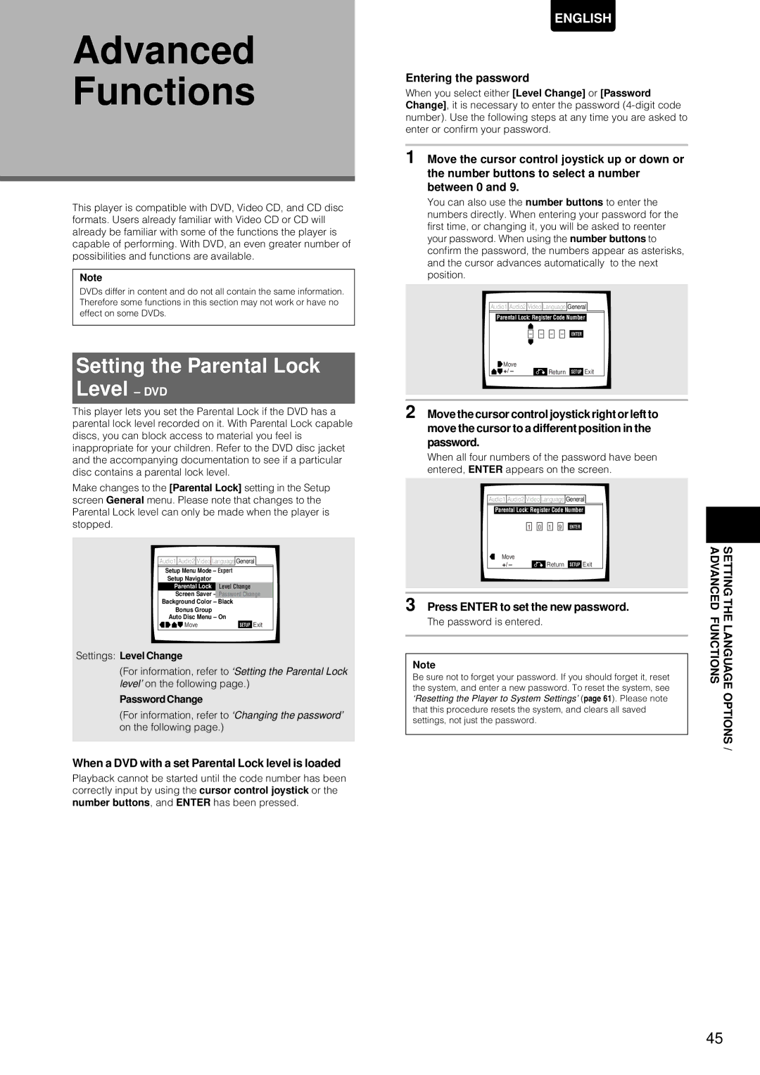 Marantz DV-12S1 manual Advanced Functions, Setting the Parental Lock Level DVD, Entering the password 