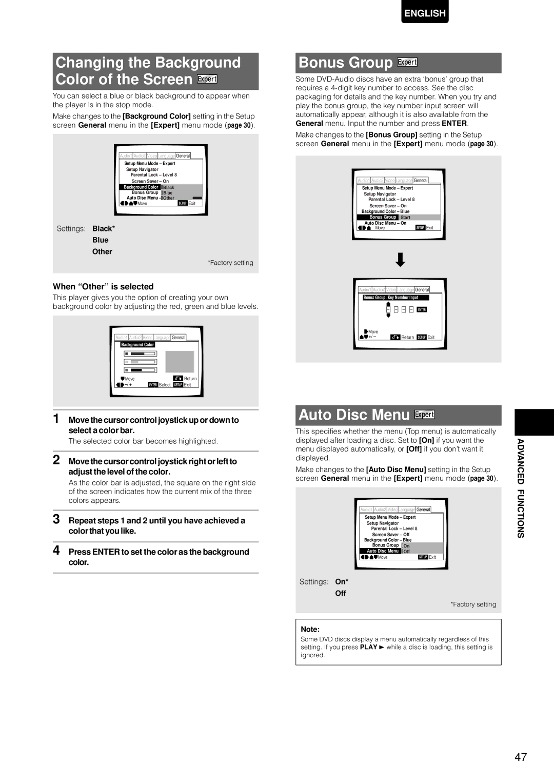 Marantz DV-12S1 manual Changing the Background Color of the Screen, Bonus Group, Auto Disc Menu, Blue Other 