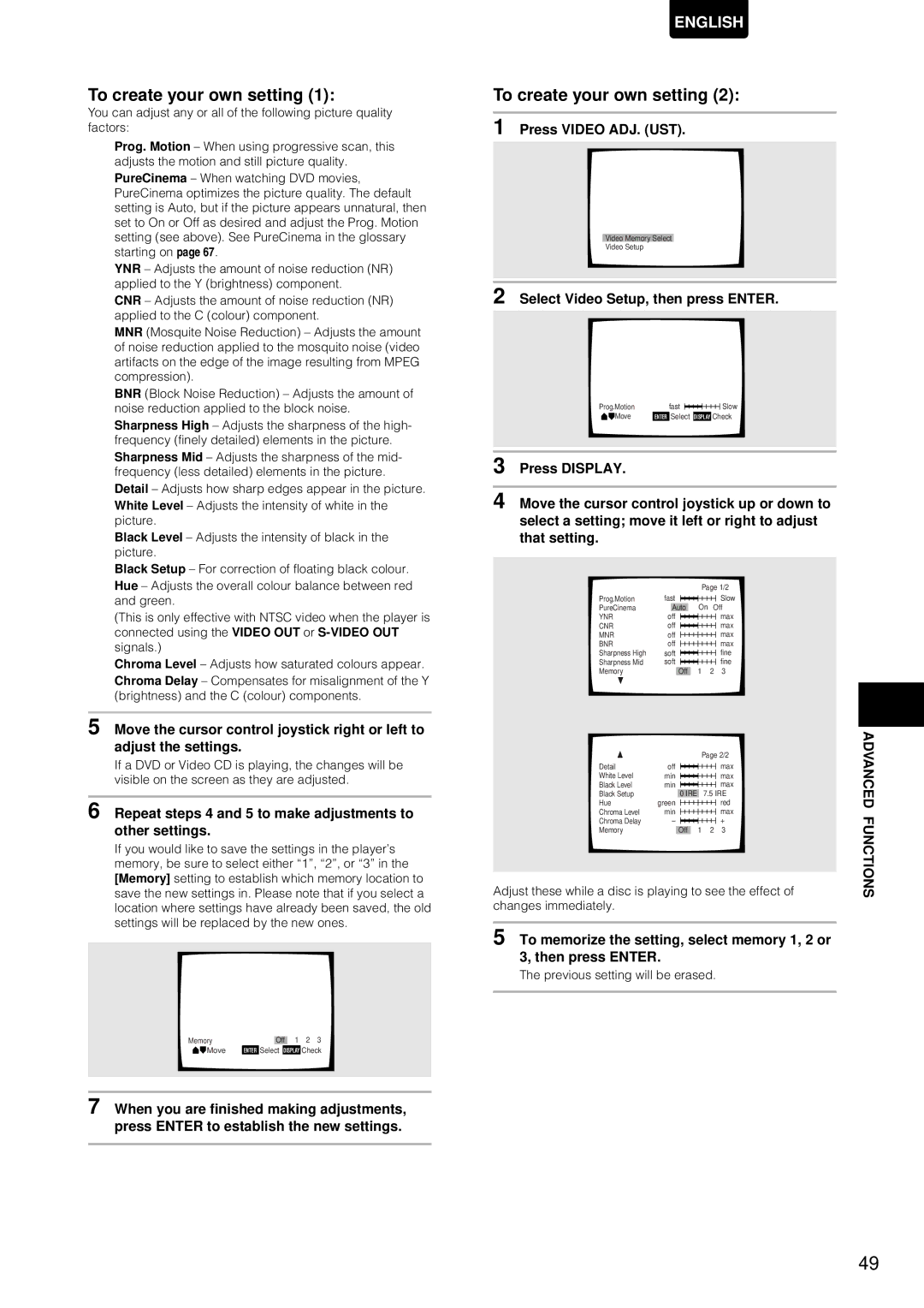 Marantz DV-12S1 manual Repeat steps 4 and 5 to make adjustments to other settings, Select Video Setup, then press Enter 