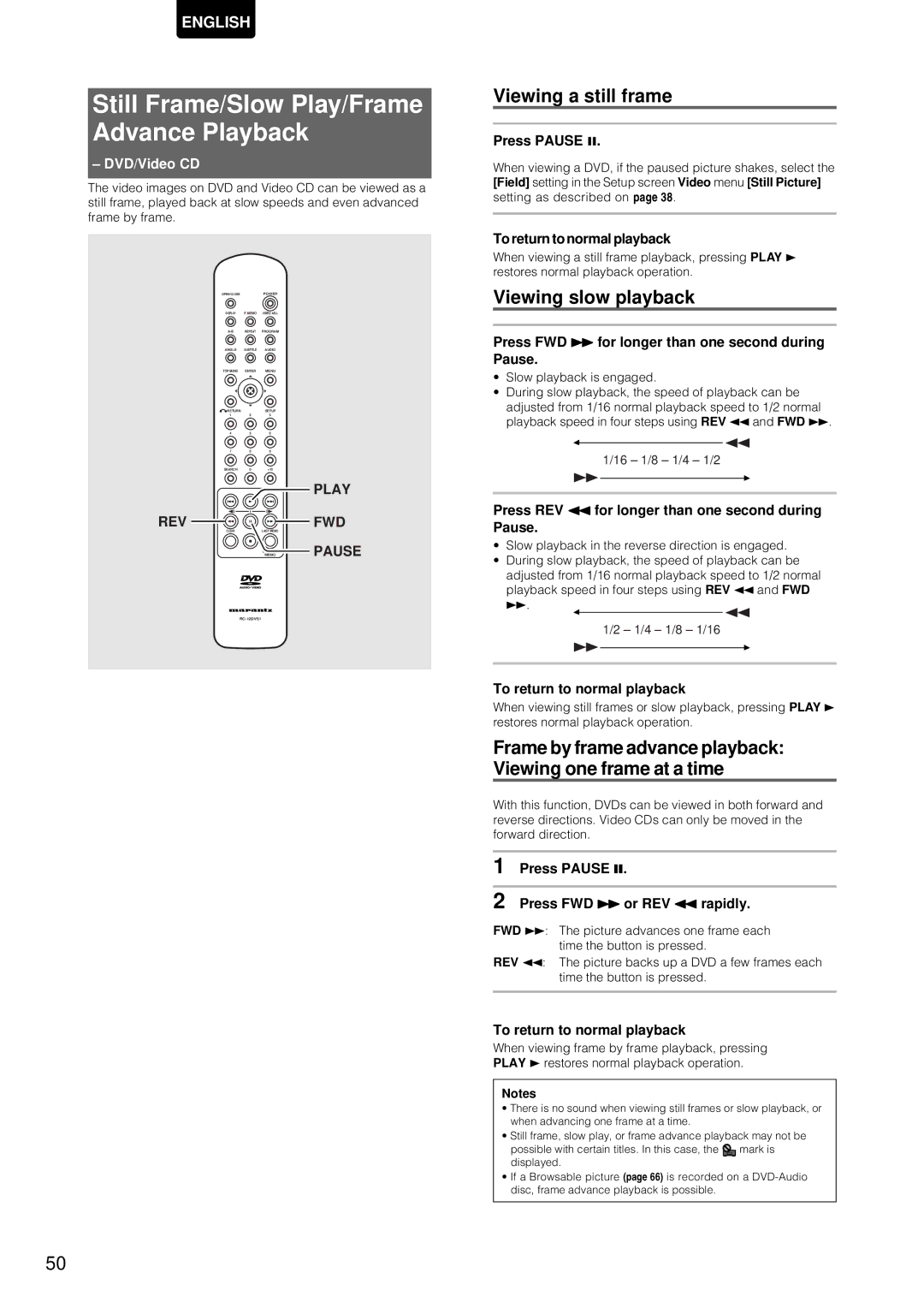 Marantz DV-12S1 manual Still Frame/Slow Play/Frame Advance Playback, Viewing a still frame, Viewing slow playback, Pause 