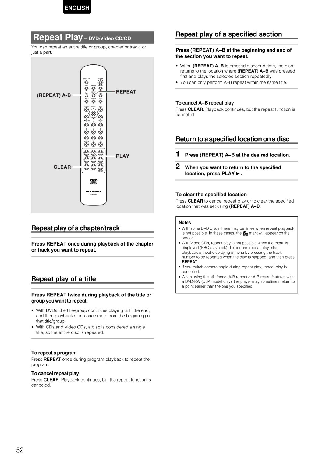 Marantz DV-12S1 manual Repeat play of a chapter/track, Repeat play of a title, Repeat play of a specified section 