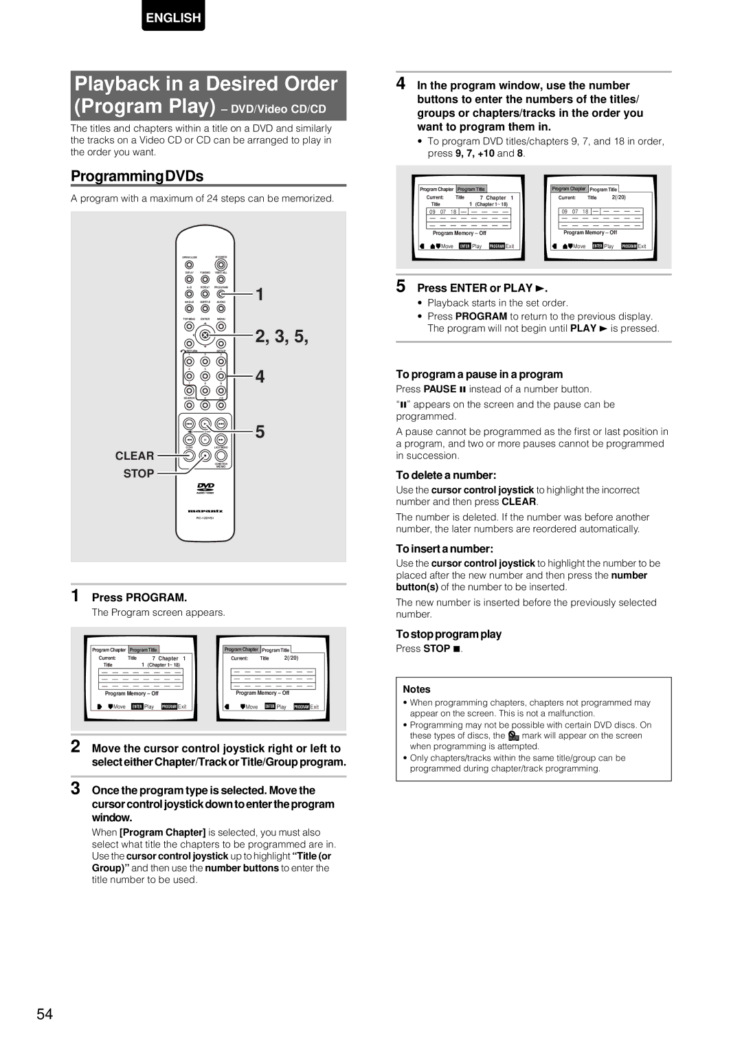 Marantz DV-12S1 manual Playback in a Desired Order, ProgrammingDVDs, Program Play DVD/Video CD/CD 