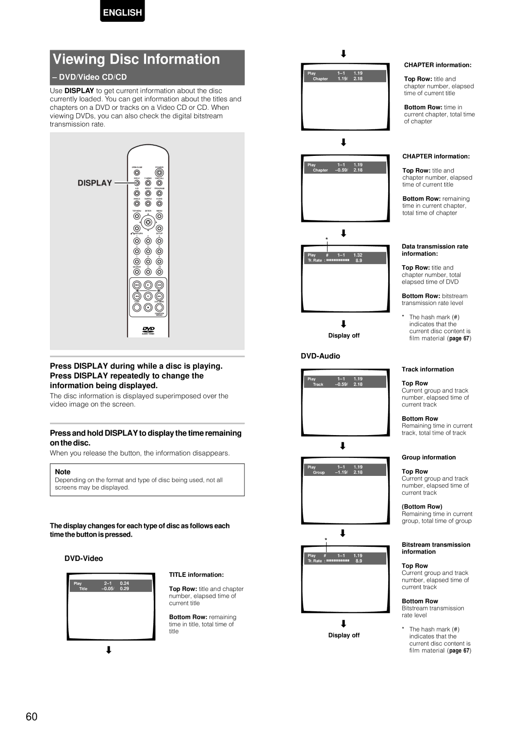 Marantz DV-12S1 Viewing Disc Information, When you release the button, the information disappears, DVD-Audio, DVD-Video 