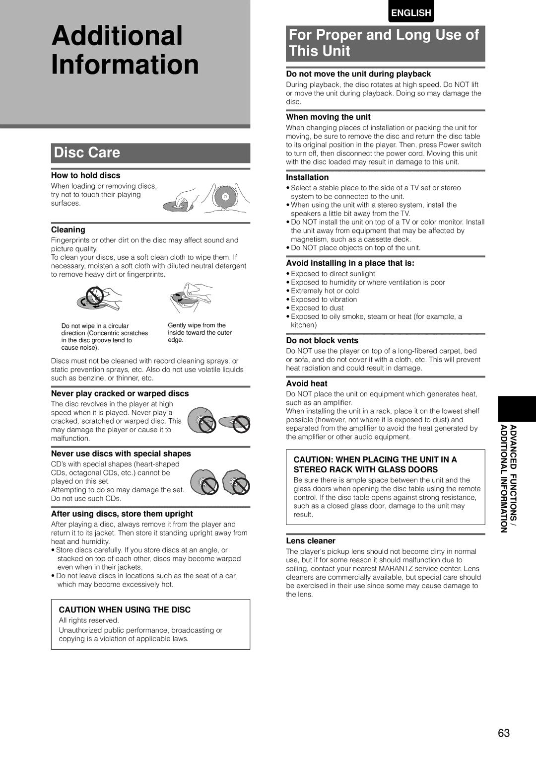 Marantz DV-12S1 manual Additional Information, Disc Care, For Proper and Long Use This Unit 