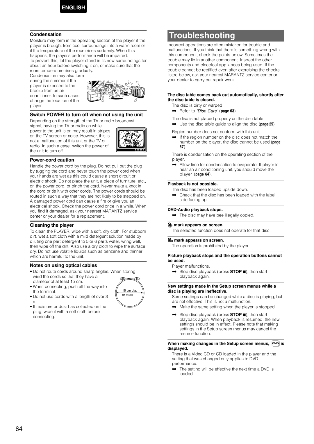 Marantz DV-12S1 manual Troubleshooting, Condensation, Switch Power to turn off when not using the unit, Power-cord caution 