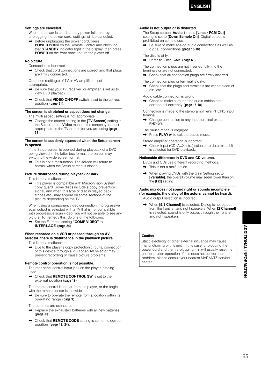 Marantz DV-12S1 manual Settings are canceled, No picture, Screen is stretched or aspect does not change 