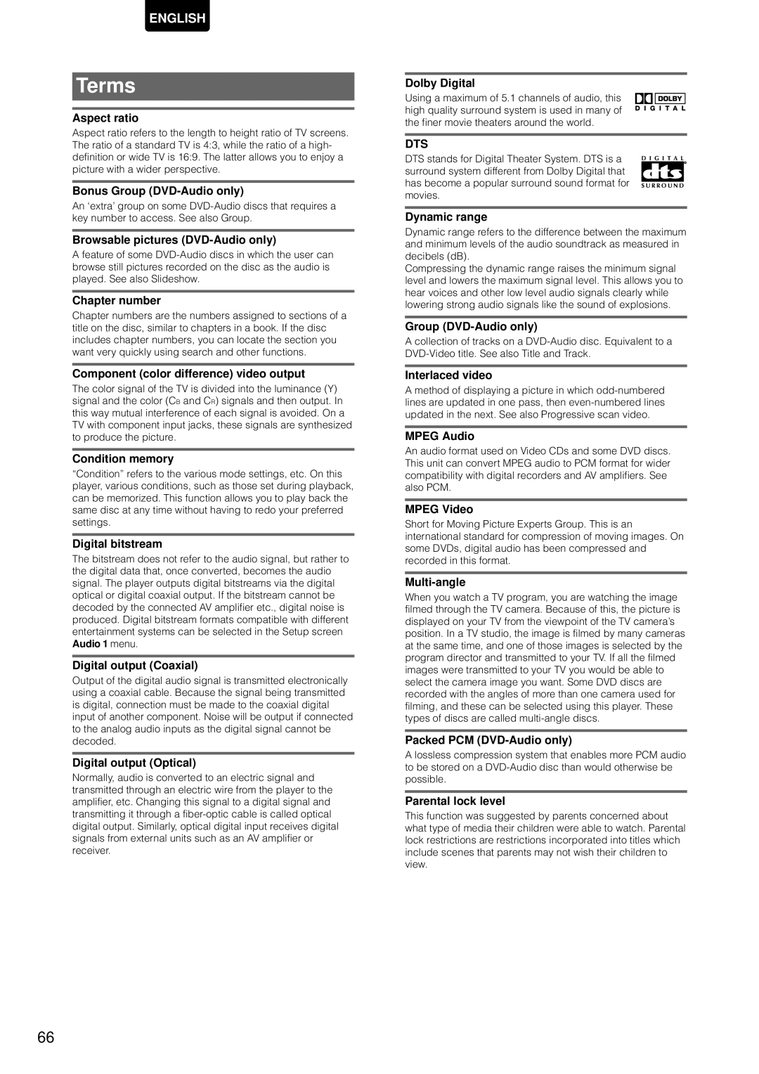 Marantz DV-12S1 manual Terms, Dts 