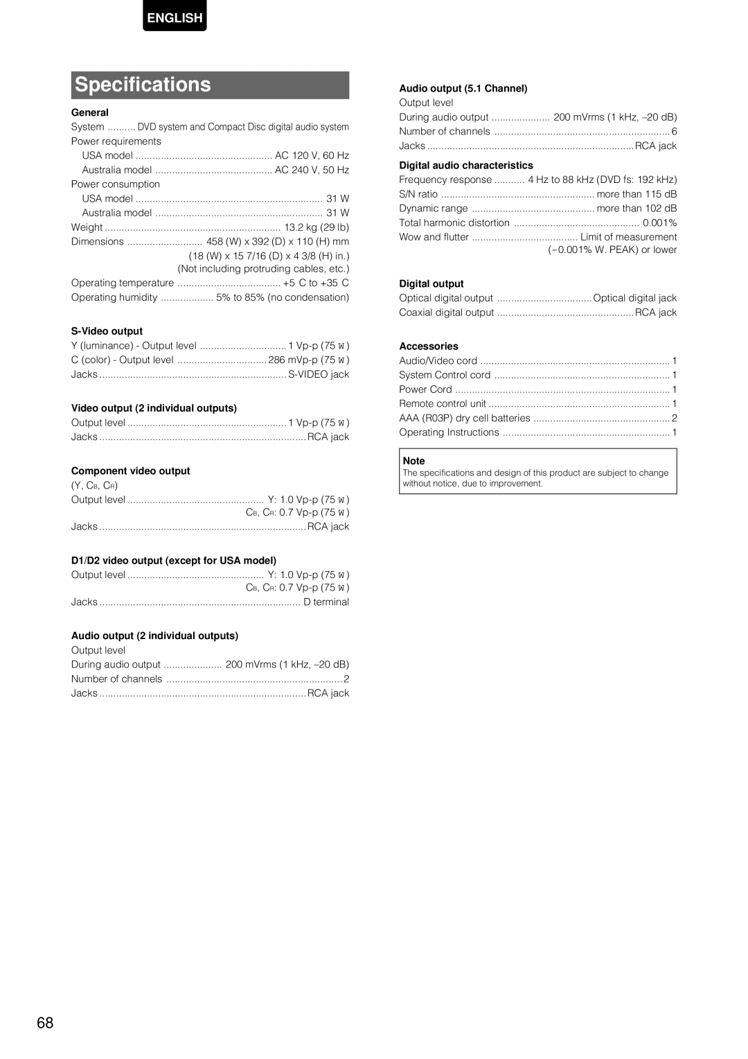 Marantz DV-12S1 manual Specifications 