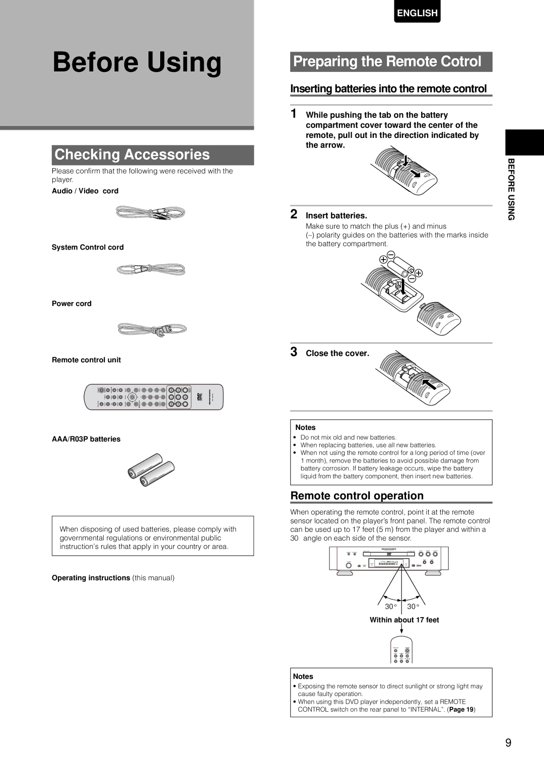 Marantz DV-12S1 manual Before Using, Checking Accessories, Preparing the Remote Cotrol, Remote control operation 