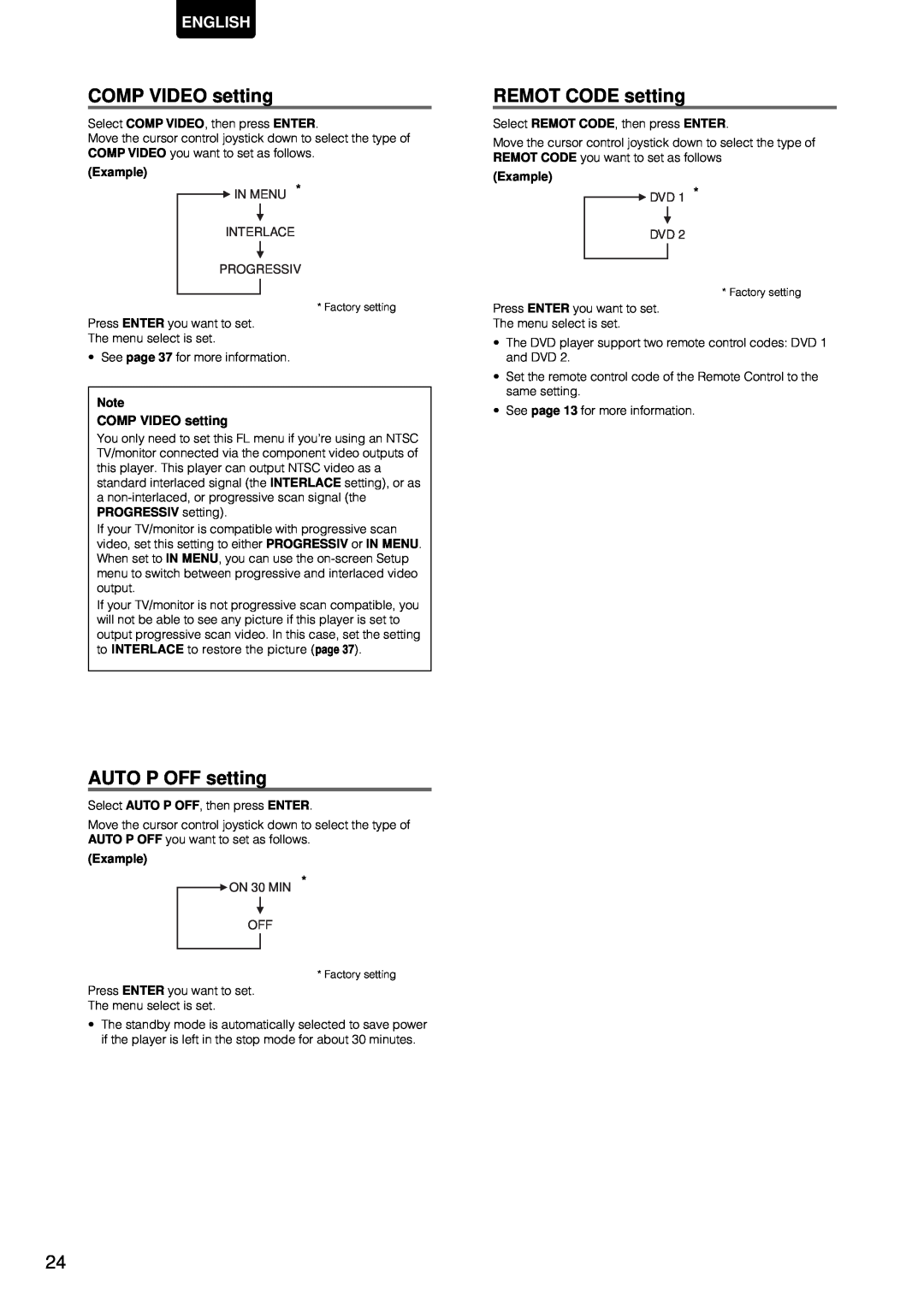 Marantz DV-12S1 manual COMP VIDEO setting, AUTO P OFF setting, REMOT CODE setting, English, Example 