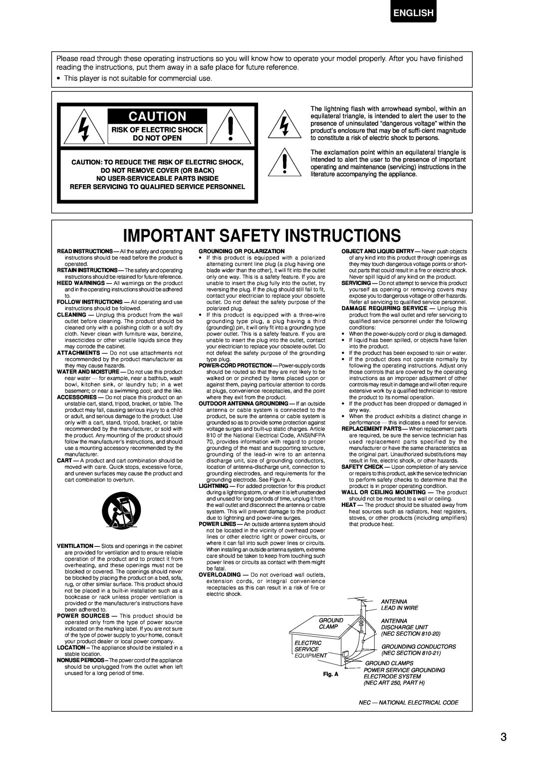 Marantz DV-12S1 manual Important Safety Instructions, English, Risk Of Electric Shock, Do Not Open, Fig. A 