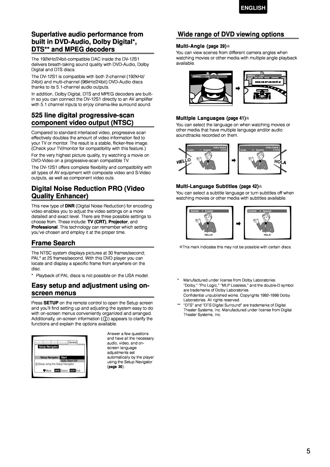 Marantz DV-12S1 line digital progressive-scan component video output NTSC, Frame Search, Wide range of DVD viewing options 