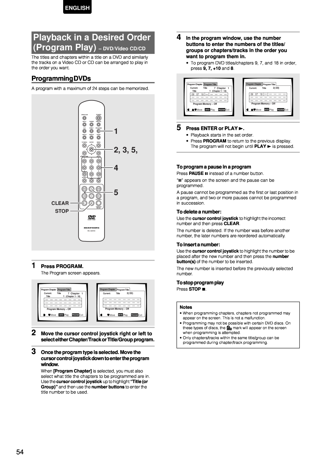 Marantz DV-12S1 Playback in a Desired Order, ProgrammingDVDs, Program Play - DVD/Video CD/CD, Press PROGRAM, 2, 3, English 