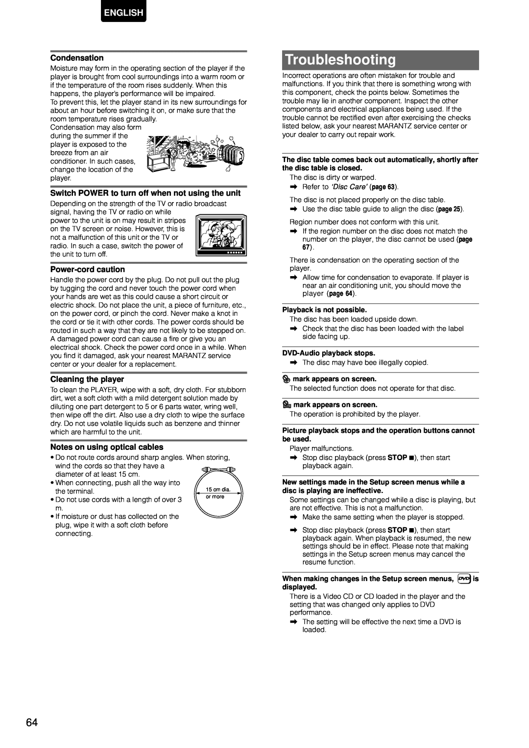 Marantz DV-12S1 manual Troubleshooting, Condensation, Switch POWER to turn off when not using the unit, Power-cord caution 