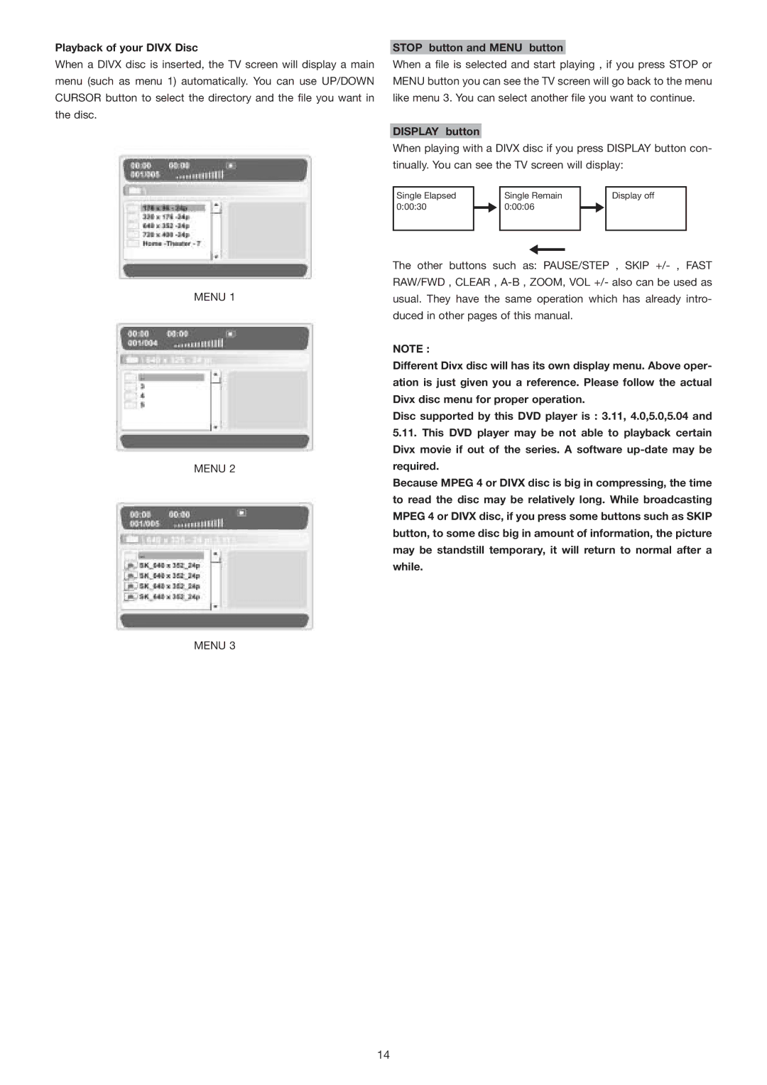 Marantz DV3001e manual Playback of your Divx Disc, Stop button and Menu button, Display button 