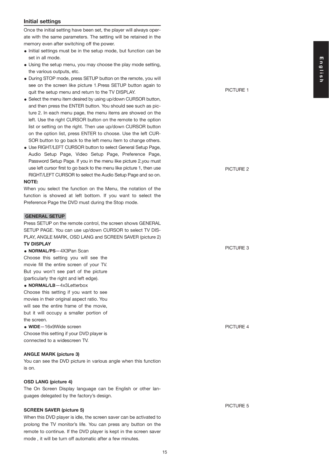 Marantz DV3001e manual Initial settings, General Setup, TV Display 