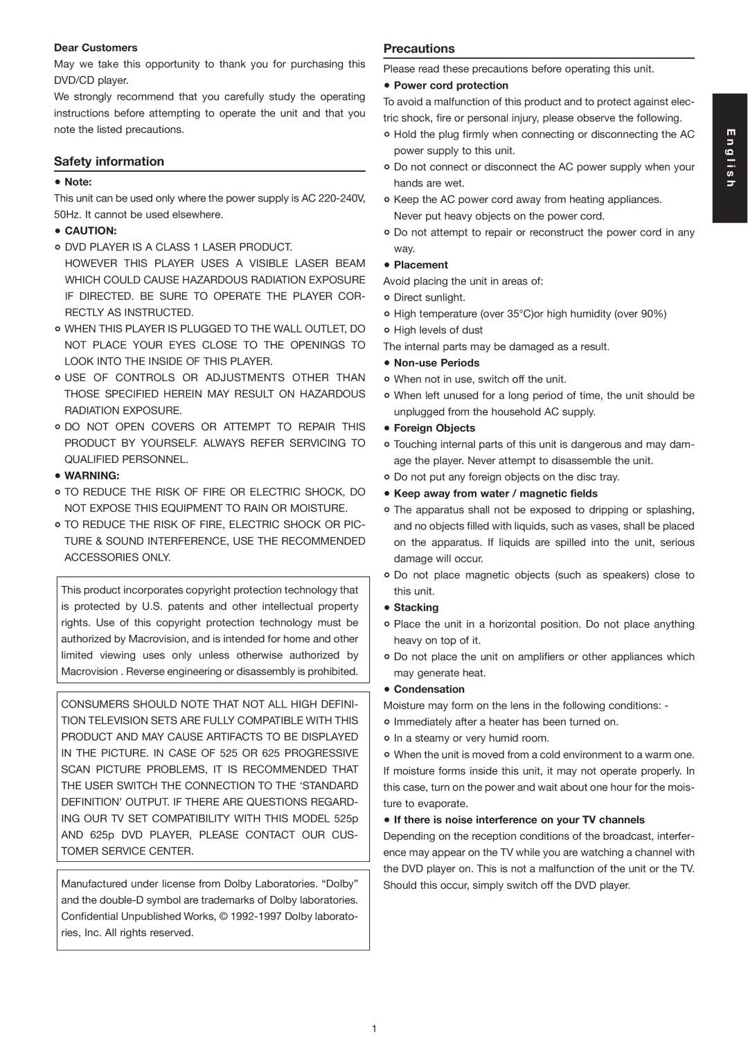 Marantz DV3001e manual Safety information, Precautions 