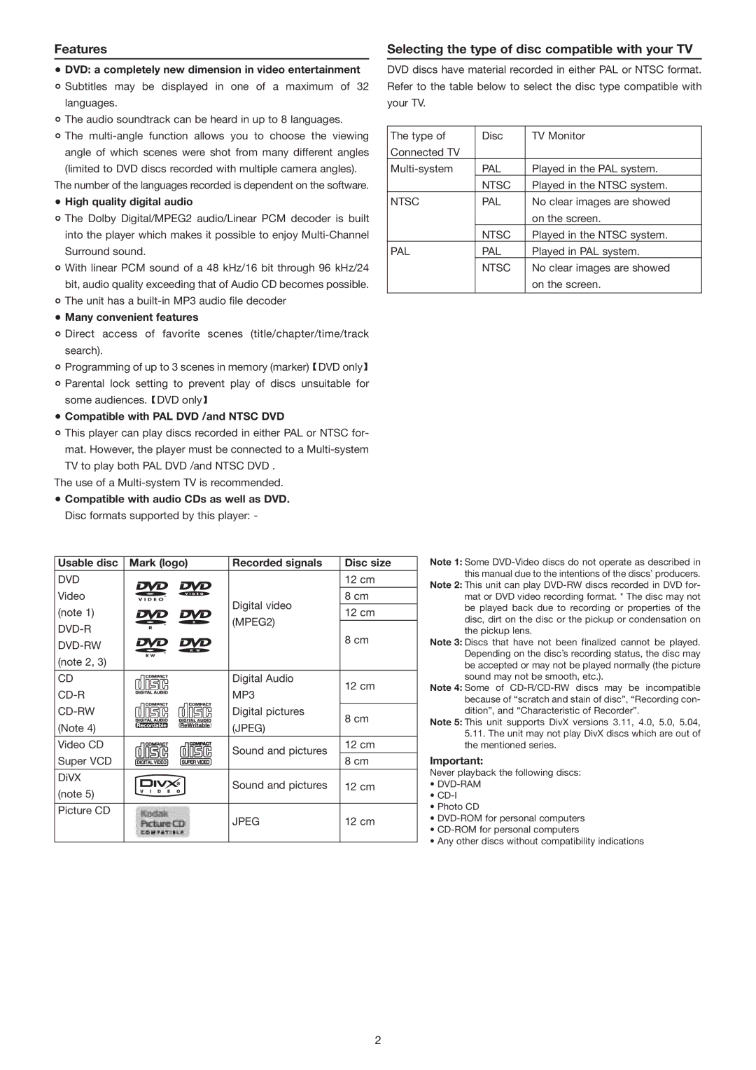 Marantz DV3001e manual Features, Selecting the type of disc compatible with your TV 