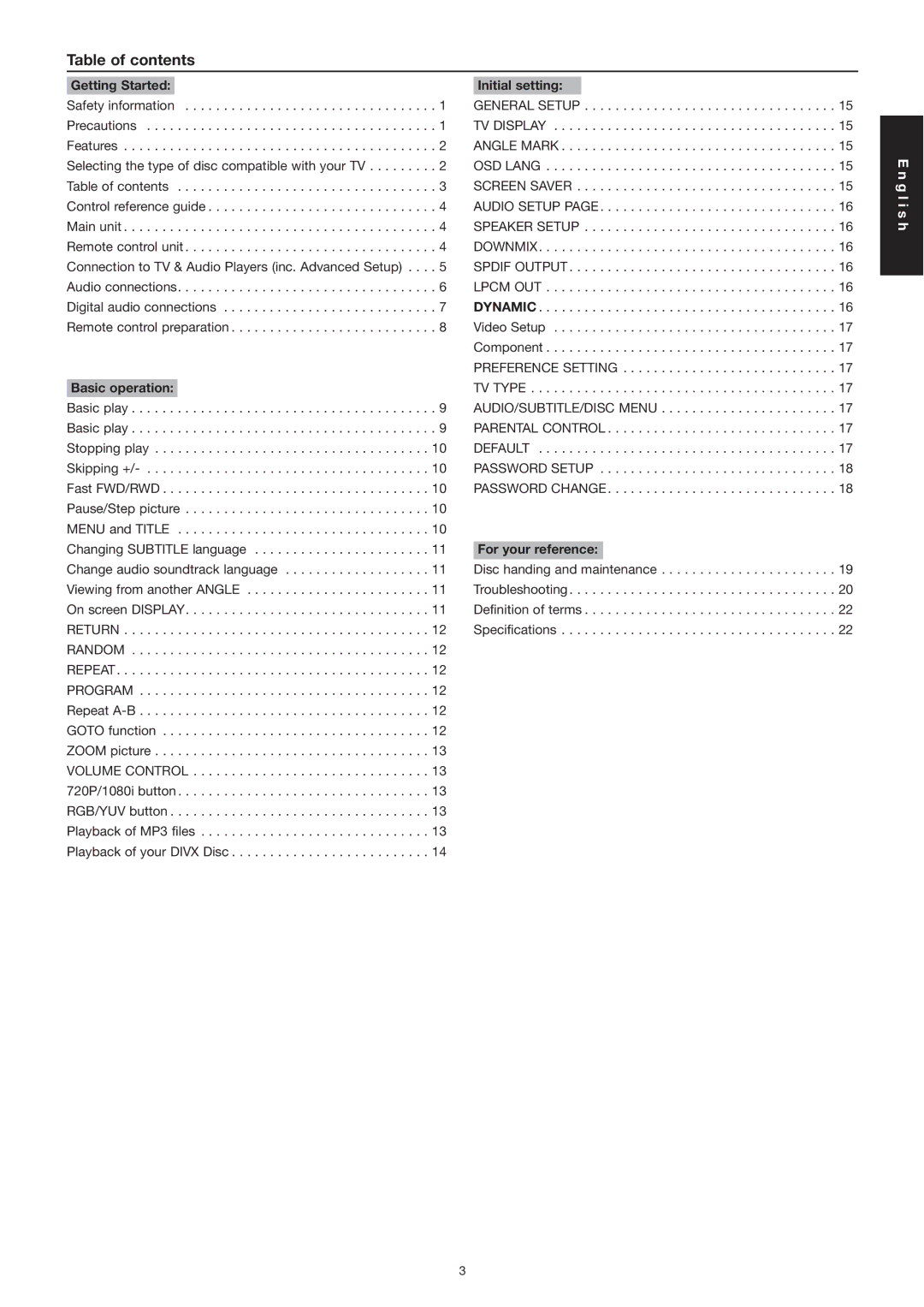 Marantz DV3001e manual Table of contents 