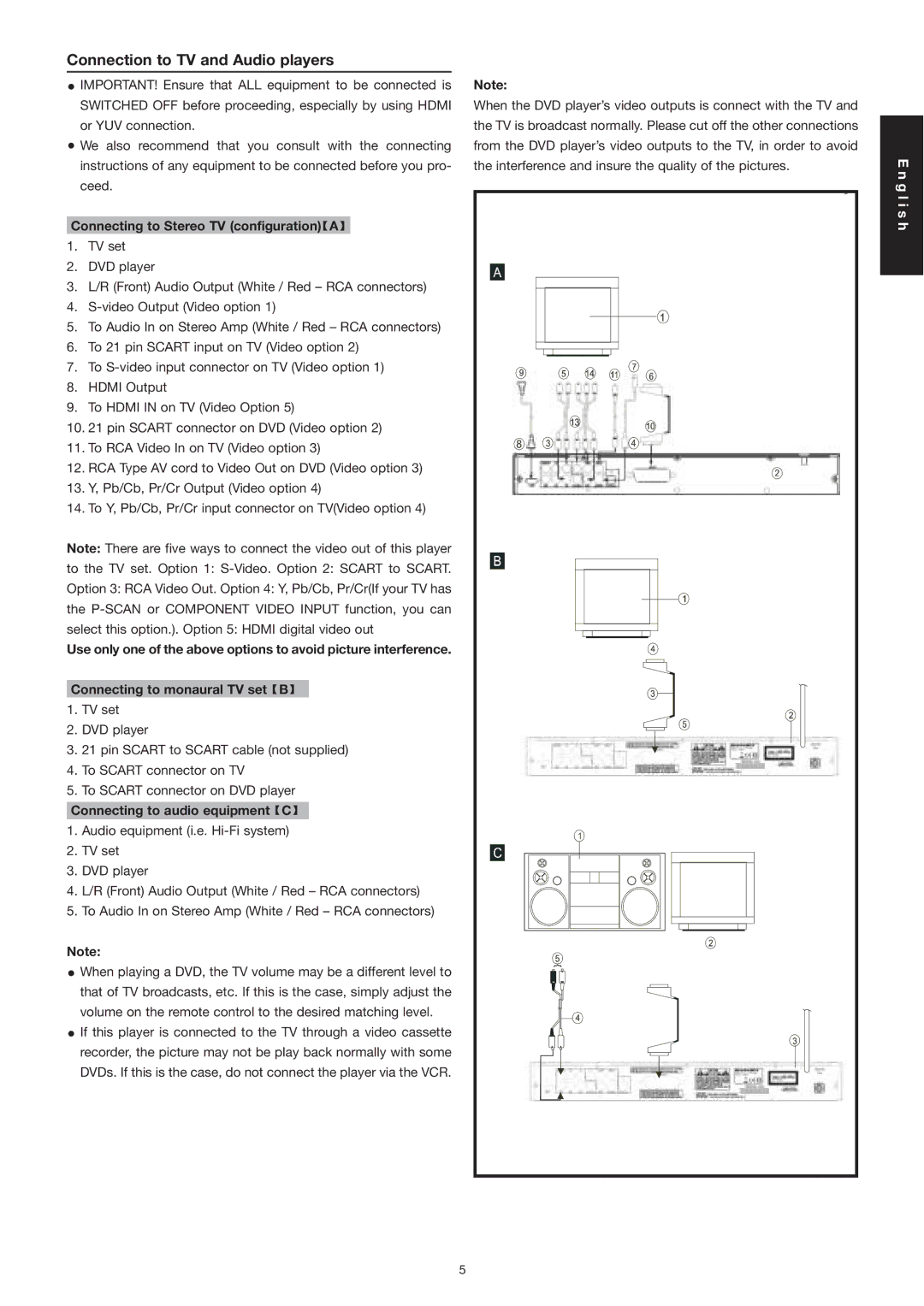 Marantz DV3001e manual Connection to TV and Audio players, Connecting to Stereo TV configuration a 