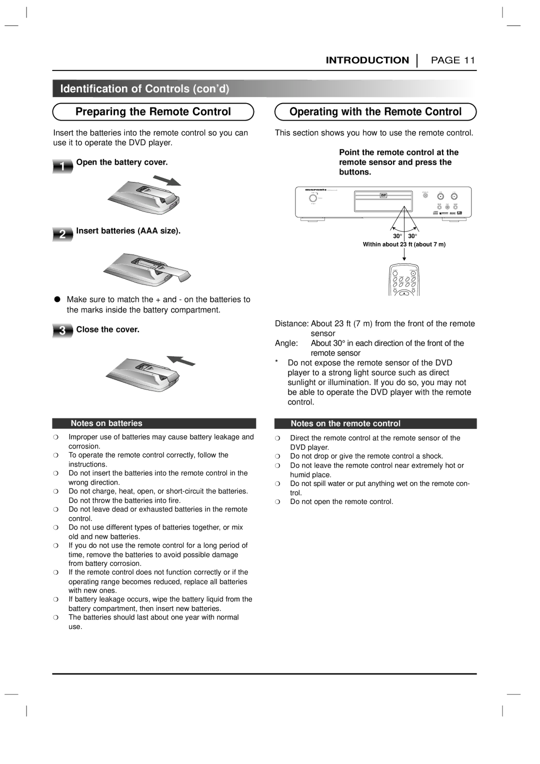 Marantz DV3100 Preparing the Remote Control, Operating with the Remote Control, Open the battery cover, Close the cover 