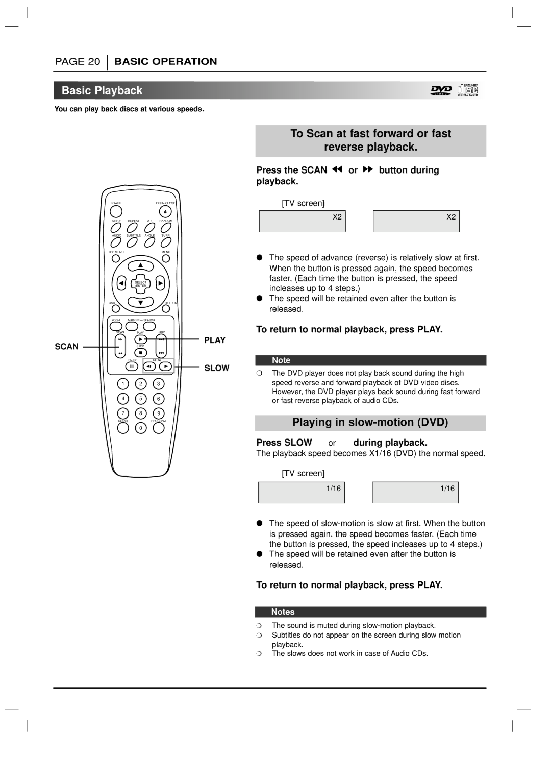 Marantz DV3100 manual To Scan at fast forward or fast Reverse playback, Playing in slow-motion DVD 