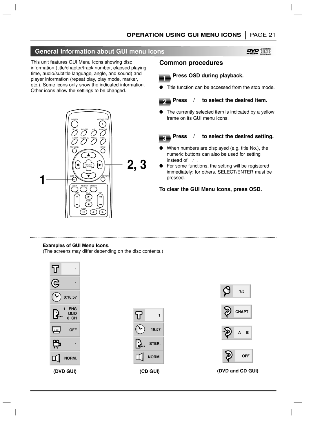 Marantz DV3100 manual General Information about GUI menu icons, Common procedures 