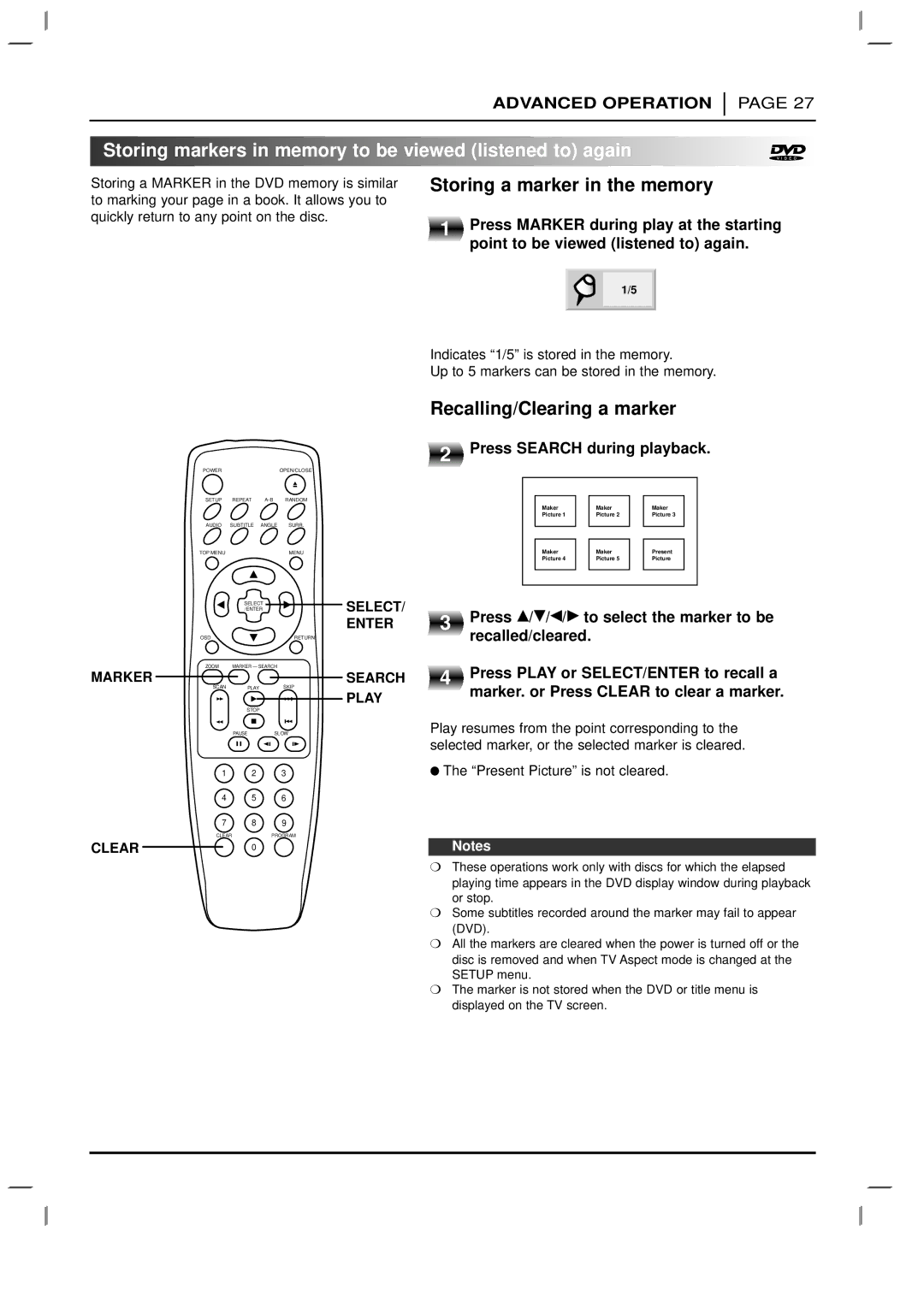 Marantz DV3100 manual Storing markers in memory to be viewed listened to again, Storing a marker in the memory 