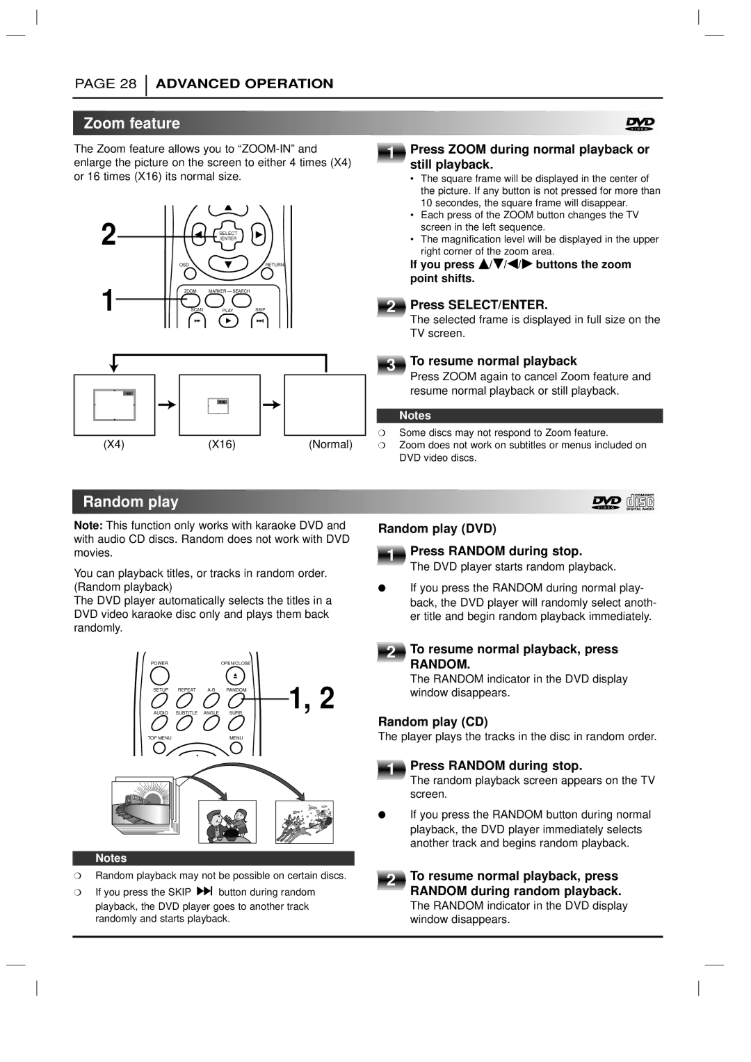 Marantz DV3100 manual Zoom feature, Random play 