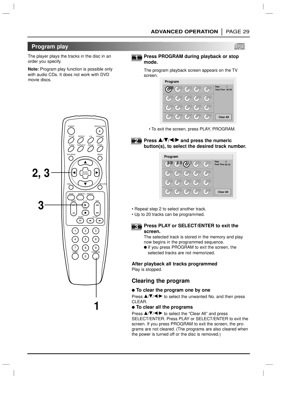 Marantz DV3100 manual Program play, Clearing the program 