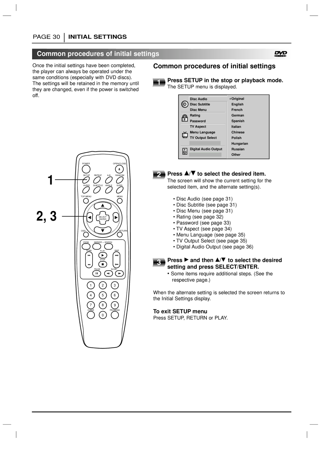 Marantz DV3100 manual Common procedures of initial settings 