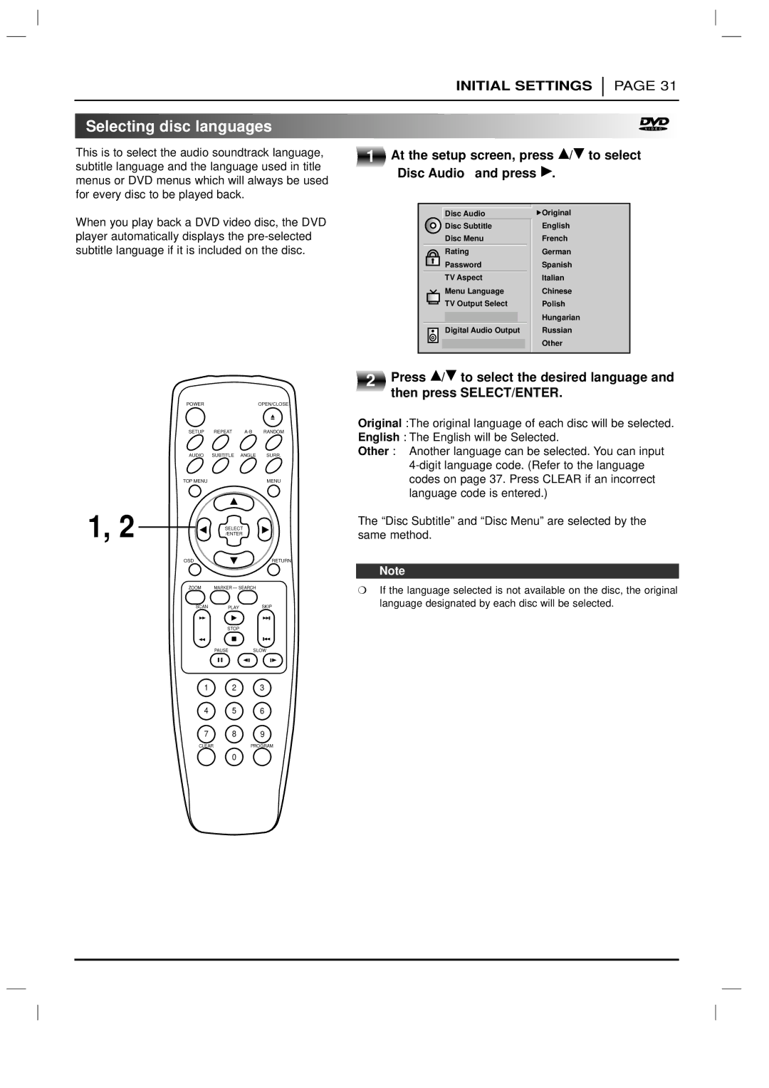 Marantz DV3100 manual Selecting disc languages, Press D/ E to select the desired language, Then press SELECT/ENTER 