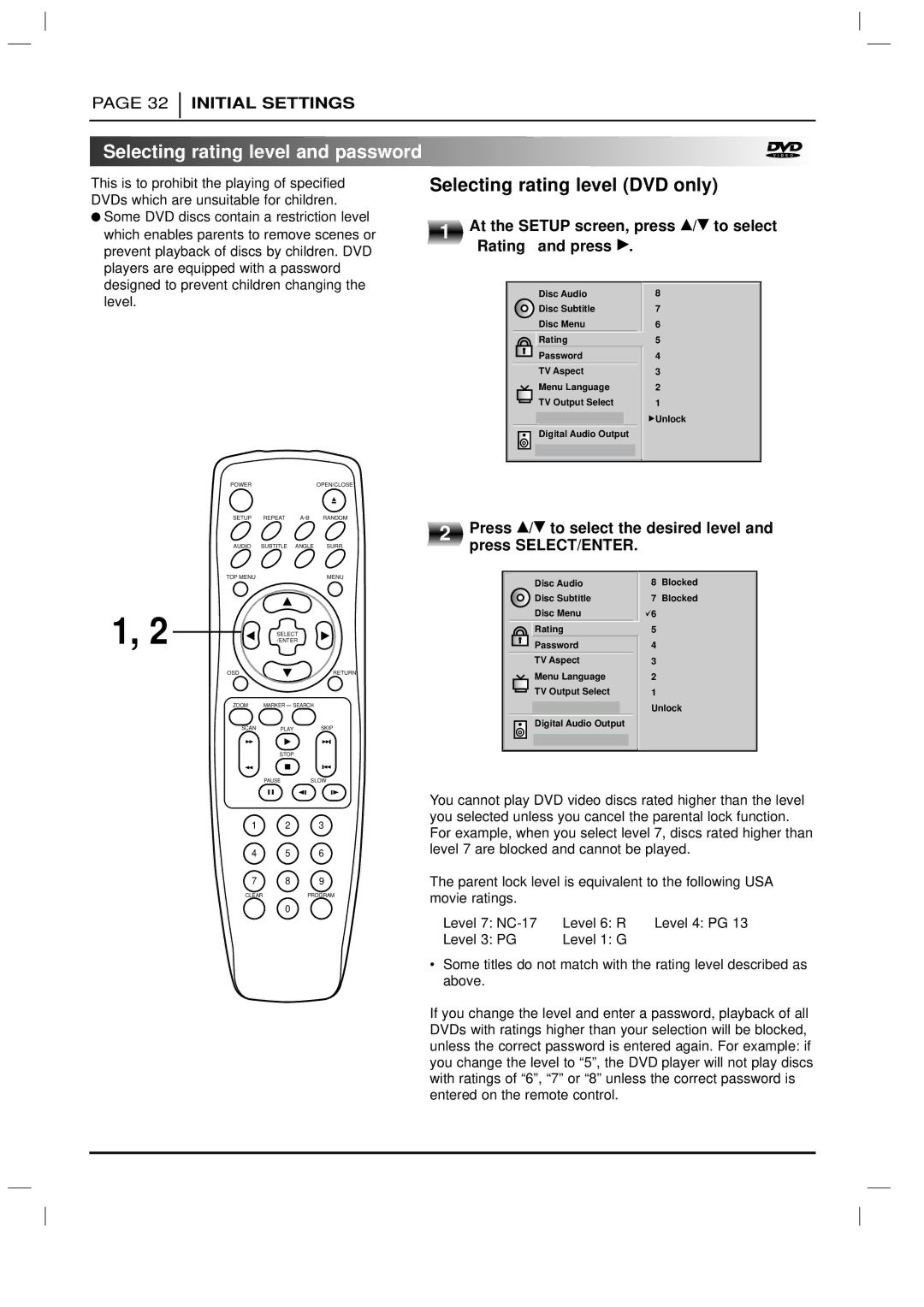 Marantz DV3100 manual Selecting rating level and password, Selecting rating level DVD only, Rating and press G 