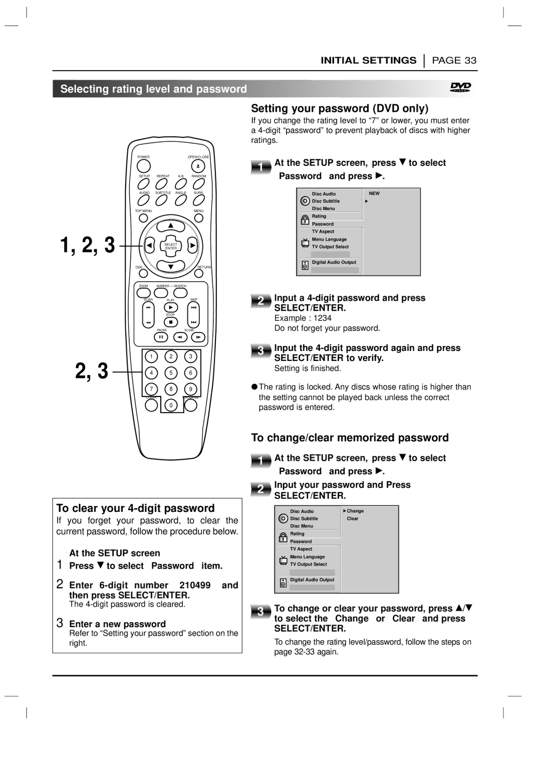 Marantz DV3100 manual To clear your 4-digit password, To change/clear memorized password 