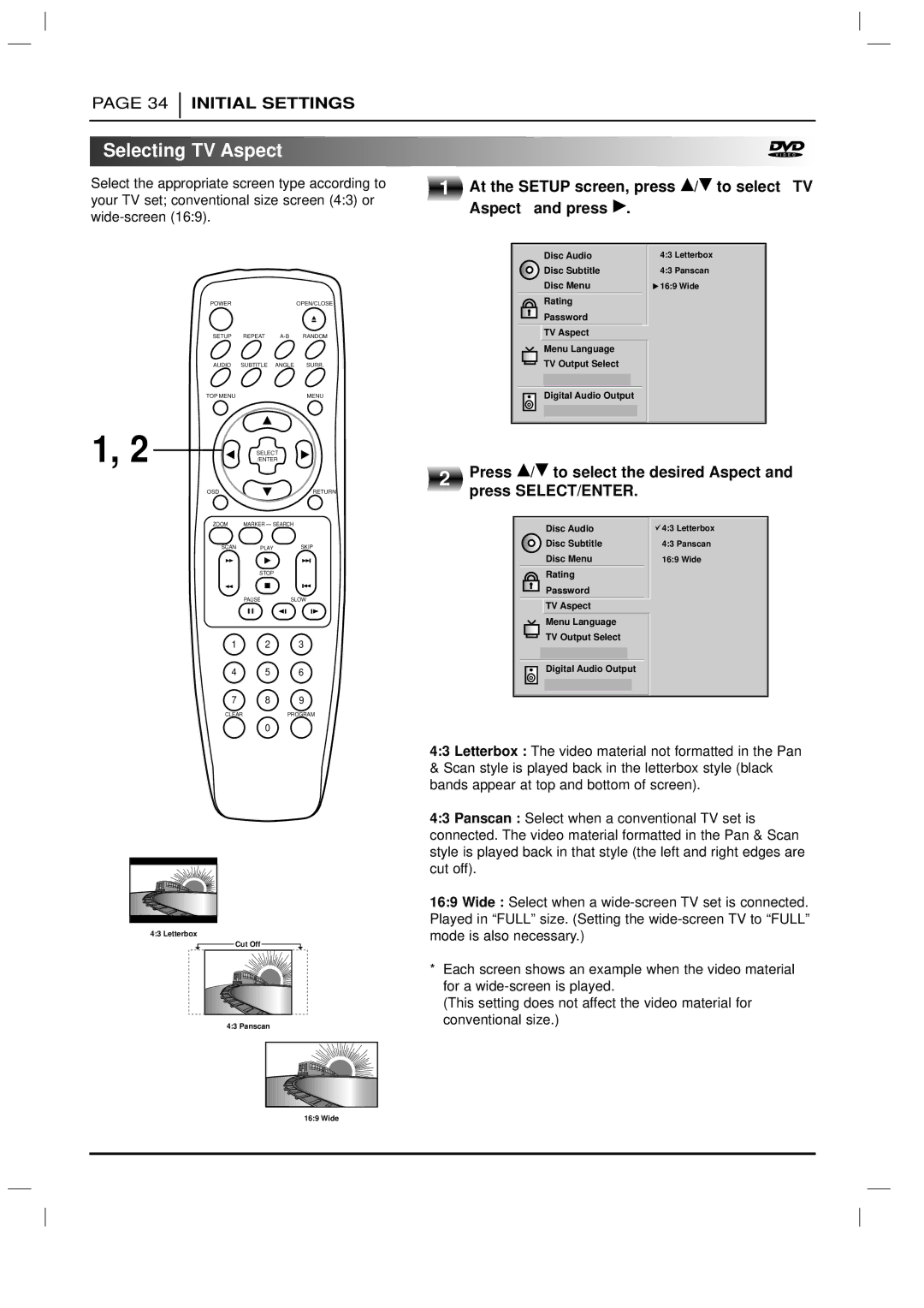 Marantz DV3100 manual Selecting TV Aspect 