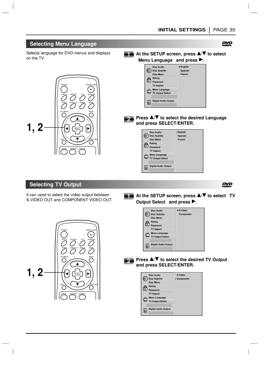 Marantz DV3100 manual Selecting Menu Language, Selecting TV Output, Press D/ E to select the desired TV Output 