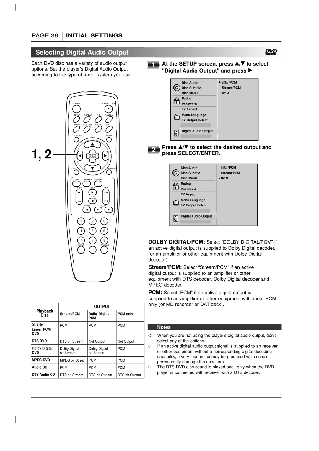 Marantz DV3100 manual Selecting Digital Audio Output, Pcm 